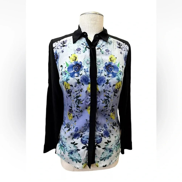 [L] GUESS by Marciano Women's Floral Silk Blouse Button Down Collared - Picture 1 of 11